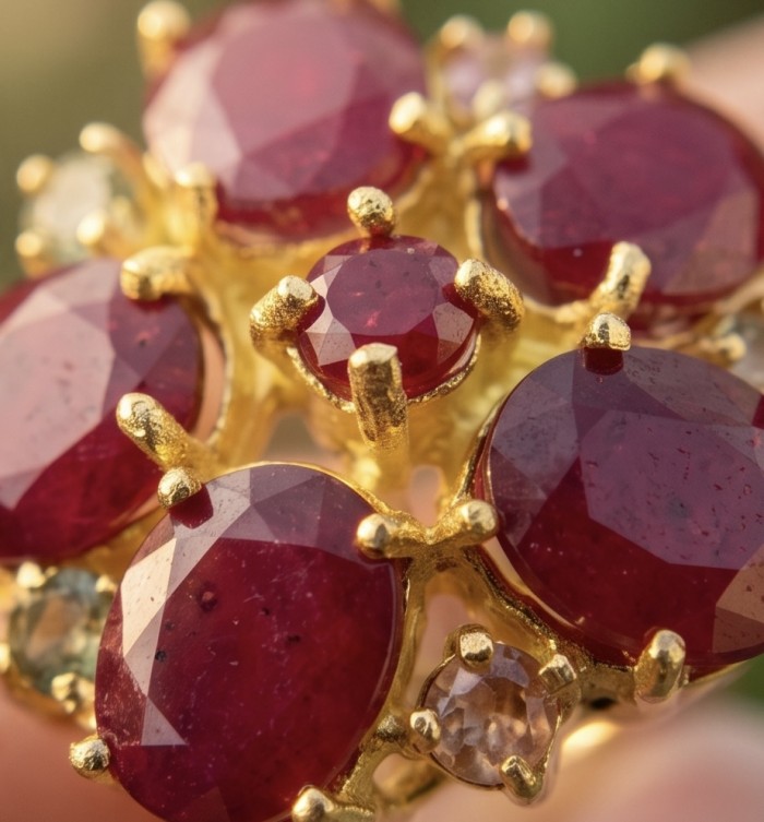 Blooming Garden Genuine 24.5 carat Kashmir Ruby .925 Sterling Silver dipped in 22K Gold Large Statement Ring size 6 3/4 - Close-up of Blooming Garden 24.5 carat Kashmir Ruby ring detail