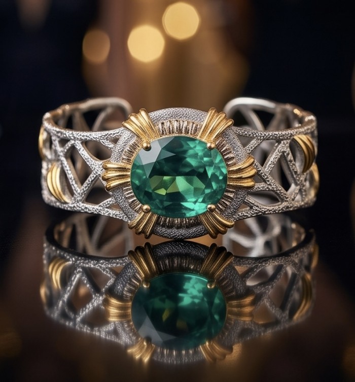 Real Treasure 24.2 carat Aquamarine 2 tones .925 Sterling Silver Bracelet BANGLE - Close-up of 24.2 carat aquamarine ring in two-tone sterling silver.