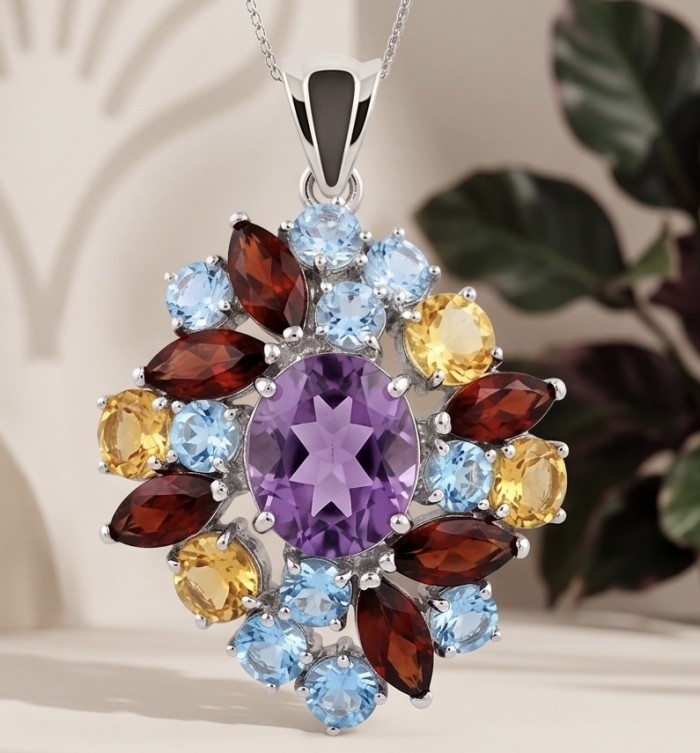 Natural 19.6 carat Fancy cut Amethyst rhodium over .925 Sterling Silver handmade pendant - Close-up of an amethyst pendant with colorful gemstone accents.