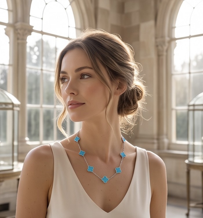 36 inches Outstanding authentic inlay Turquoise Lucky Four Leaf Clover .925 Sterling Silver necklace - Side view of woman wearing turquoise Lucky Fo necklace indoors.