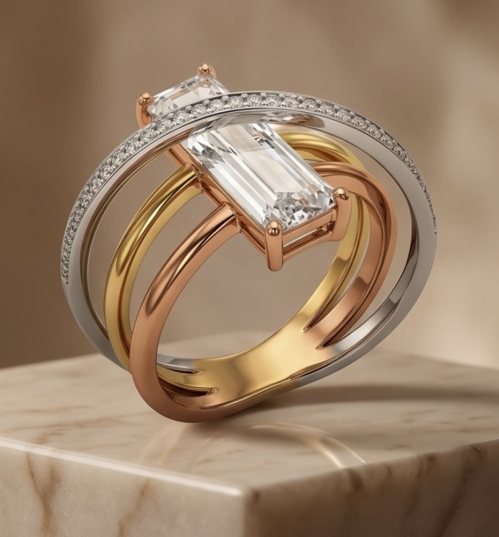 Extravaganza - Authentic 4.5 CARAT natural Moissanite 3 tones .925 Sterling Silver dipped in rhodium handcrafted Ring size 8 - 3-tone rings with moissanite stone, side view on marble background