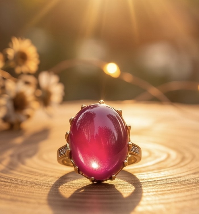 Abundant Blessings - Precious - Genuine 38.5 carat Star Ruby 18K Gold over .925 Sterling Silver handmade Ring size 7 - Close-up of a 38.5 carat genuine ruby ring with golden setting.
