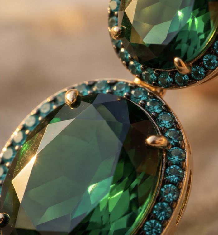 Green Cascade - 12.5 carat Green Topaz 14K Gold over .925 Sterling Silver handmade Statement earrings - Close-up of Green Cascade topaz earrings in 14K gold with blue accents