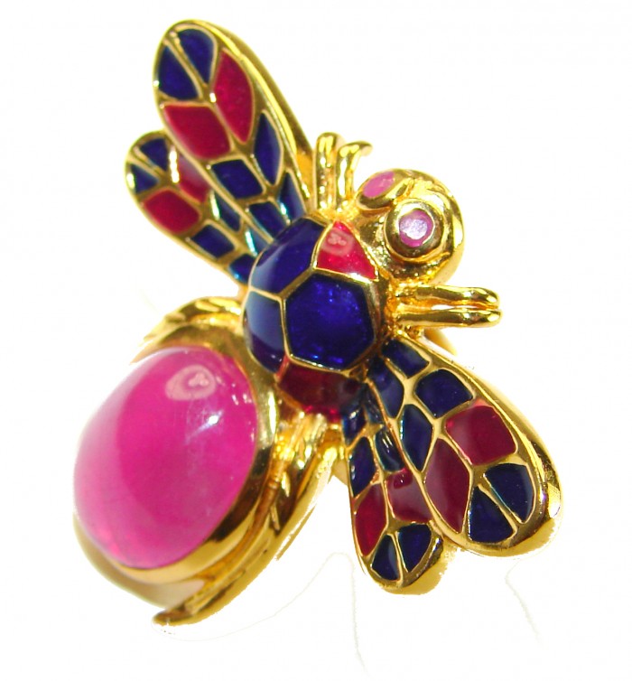 Lucky Bee Enamel 6.2 CARAT Ruby 18K Gold over .925 Sterling Silver Huge handcrafted Ring s. 6 3/4 - photo 2