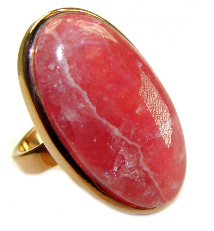 Large top quaity Argentinian Rhodochrosite 18K Gold over .925 Sterling Silver handmade ring size 7 - Rhodochrosite ring, stone close-up, 18K gold setting.