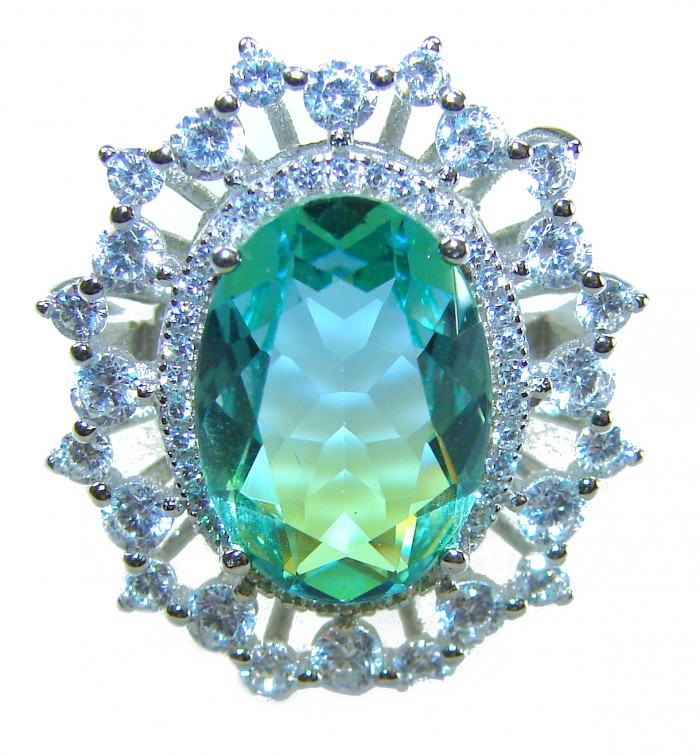 Eau Pure 15.5 carat Paraiba Tourmaline .925 Sterling Silver Handcrafted Ring size 8 1/4 - Close-up of 15.5 carat Paraiba Tourmaline with diamonds in silver setting.