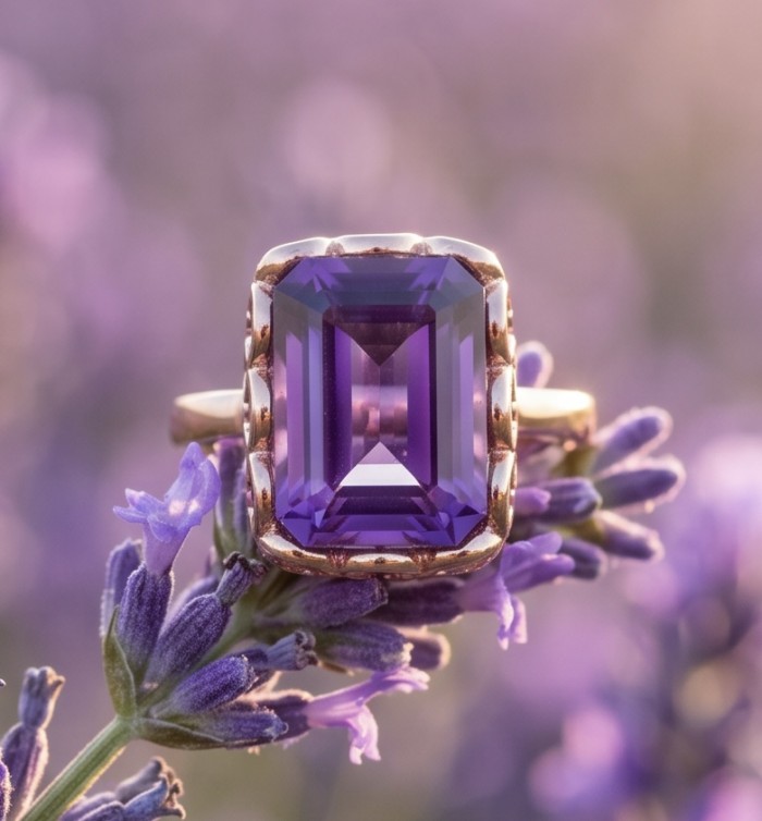 Purple Royalty 14.5 carat Amethyst .925 Sterling Silver dipped in 18K Gold Handcrafted Ring size 9 1/4 - Close-up of Purple Royalty 14.5 carat amethyst ring on lavender flowers.