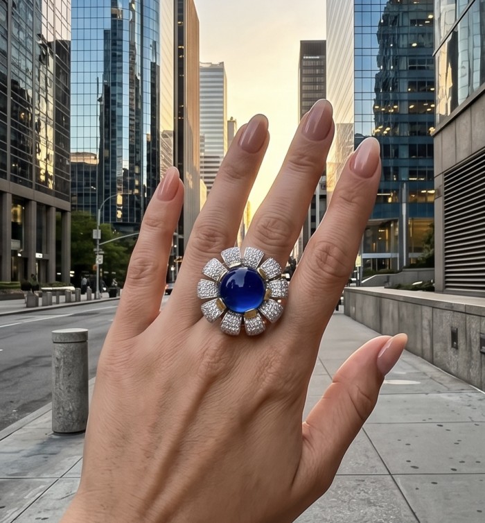 Purple Flower Natural 14.2 carat Tanzanite 2 tones .925 Sterling Silver dipped rhodium handmade Statement Ring size 7 1/4 - Tanzanite flower ring worn on hand, cityscape backdrop
