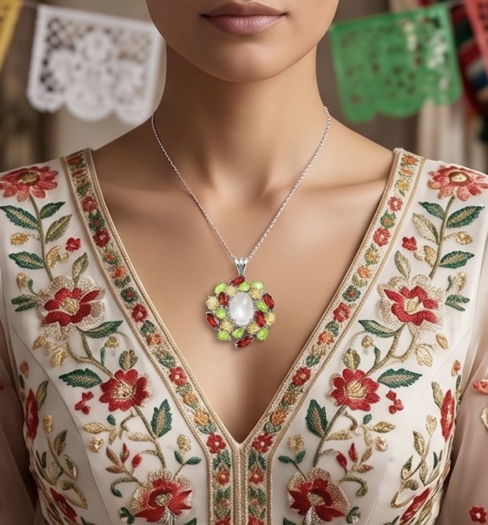Tuscan Hills 28.7 carat ROSE QUARTZ Rhodium over .925 Sterling Silver handcrafted pendant - Necklace worn on model showcasing rose quartz pendant and floral dress.