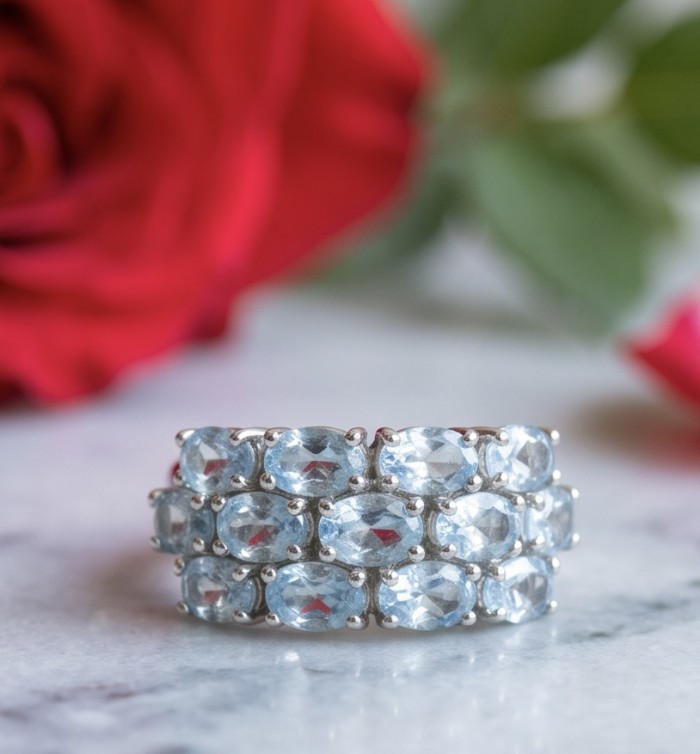 Blue Fantasy 10.3 carat Swiss Blue Topaz .925 Sterling Silver dipped in rhodium handcrafted ring size 7 1/4 - Blue Fantasy Swiss Blue Topaz ring front view on marble with red rose.