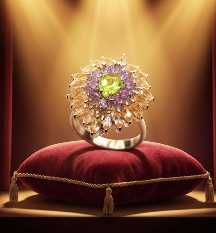 Isabel Authentic 19.2 carat Peridot from Arizona .925 Sterling Silver handmade Ring s. 9 - Floral-design ring with peridot centerpiece on display cushion, front view.