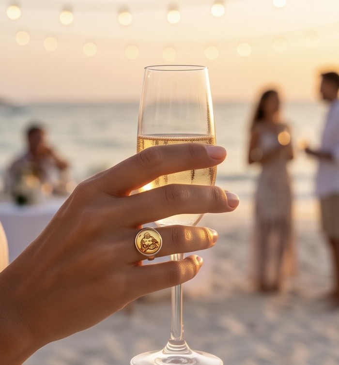 Buddha Authentic carved Baltic Amber .925 Sterling Silver handcrafted ring; s. 7 adjustable - Buddha amber ring worn on hand, beach background, champagne glass.