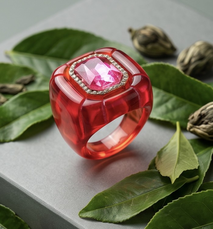 Candy Store - Modern Design Natural Red Raisin Pink Topaz .925 Sterling Silver ring size 8 - Top view of red resin ring with pink topaz and diamond accents.