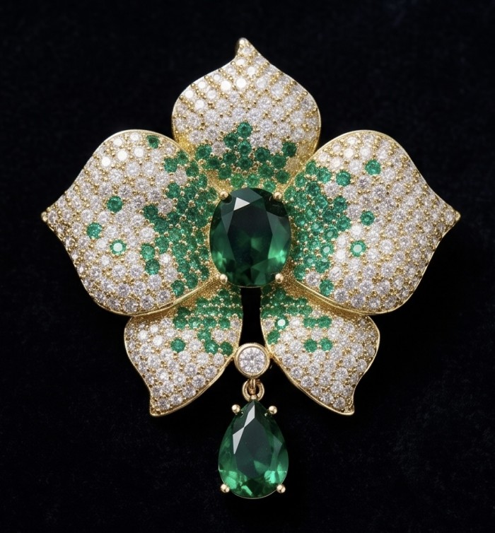 Heirloom Genuine 18.5 carat Colombian Emerald .925 Sterling Silver handmade Brooch - Emerald brooch close-up with diamonds and gold detailing on dark background.