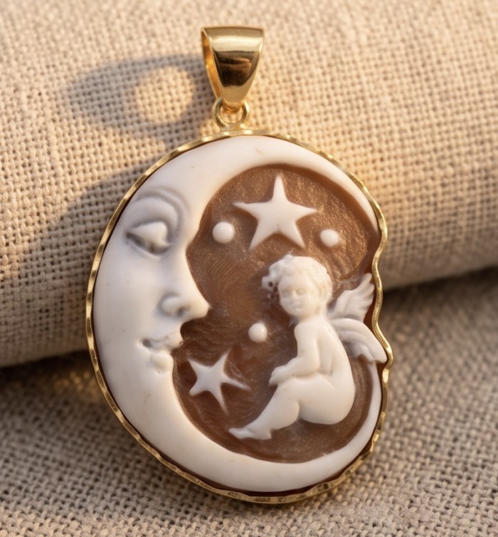 Exquisite Little Angel Cameo from Sea Shell 18K Gold over .925 Sterling SilverMade in Italy Statement pendant - Exquisite Little Angel Cameo pendant front view on fabric background