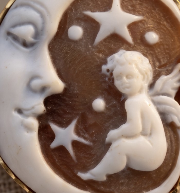 Exquisite Little Angel Cameo from Sea Shell 18K Gold over .925 Sterling SilverMade in Italy Statement pendant - Close-up of moon and angel cameo in gold setting.