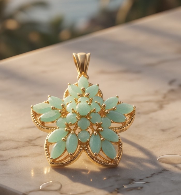 Floral design - authentic 25.5 carat Colombian Emerald 18K Gold over .925 Sterling Silver handcrafted Pendant - Emerald floral pendant on marble, top angle view