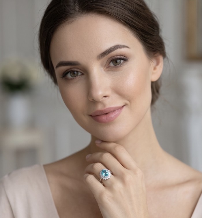 WONDERLAND 4.8 carat Paraiba Tourmaline .925 Sterling Silver Handcrafted Ring size 8 - Model wearing 4.8 ct Paraiba Tourmaline ring on hand