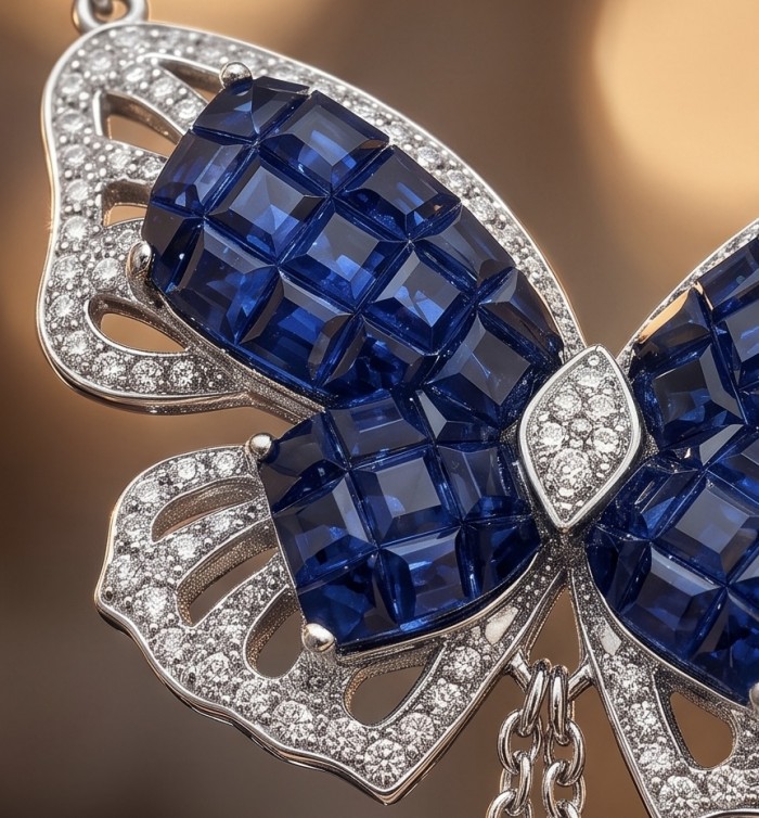 Blue Butterfly mystery setting 8.2 carat natural Sapphire .925 Sterling Silver handcrafted Necklace - Close-up of butterfly pendant with blue sapphires and diamonds.