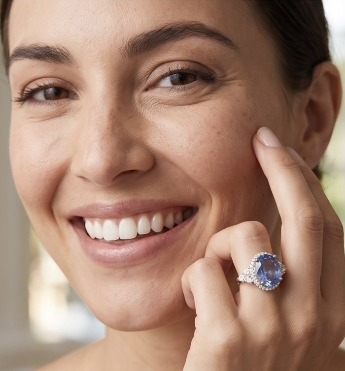 Born to Glam 8.2 carat natural Tanzanite .925 Sterling Silver dipped in rhodium Perfectly handcrafted Ring s. 7 - Woman wearing Born to Glam Tanzanite ring close-up on hand.