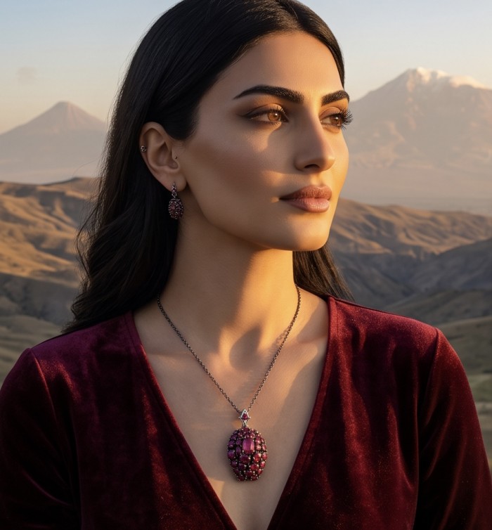 Giovanna 24.2 carat authentic Mozambique Ruby Marcasite black rhodium over .925 Sterling Silver handmade Pendant - Woman wearing Giovanna necklace, side view, ruby pendant shimmering.