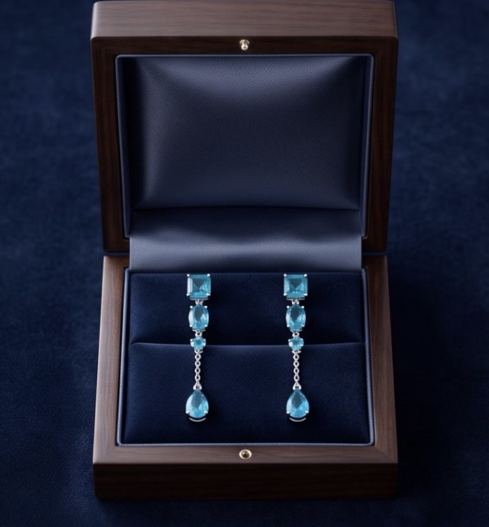 Atlantica - 5.7 carat Emerald .925 Sterling Silver dipped in Rhodium Handcrafted Statement earrings - Earrings displayed in a box, front view, showcasing aqua stones.