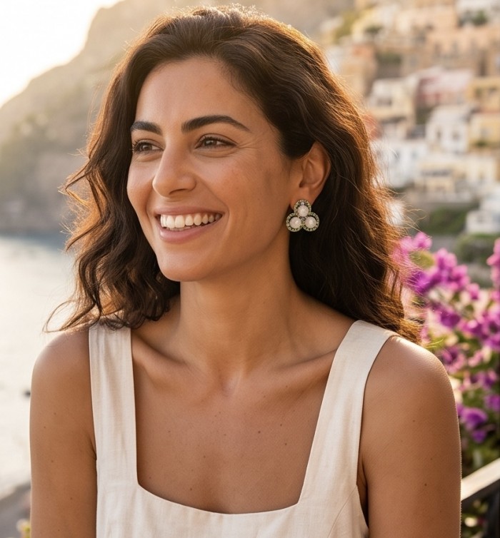 Cascades OF LIGHT Genuine 12.2 carat Fire Moonstone rhodium over .925 Silver handcrafted earrings - Woman wearing Cascades of Light moonstone earrings, side view.