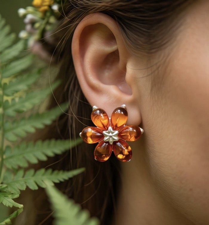 Wonderful natural Buttescotch Baltic Amber .925 Sterling Silver entirely handcrafted earrings - Amber flower earring in ear, side view with fern background