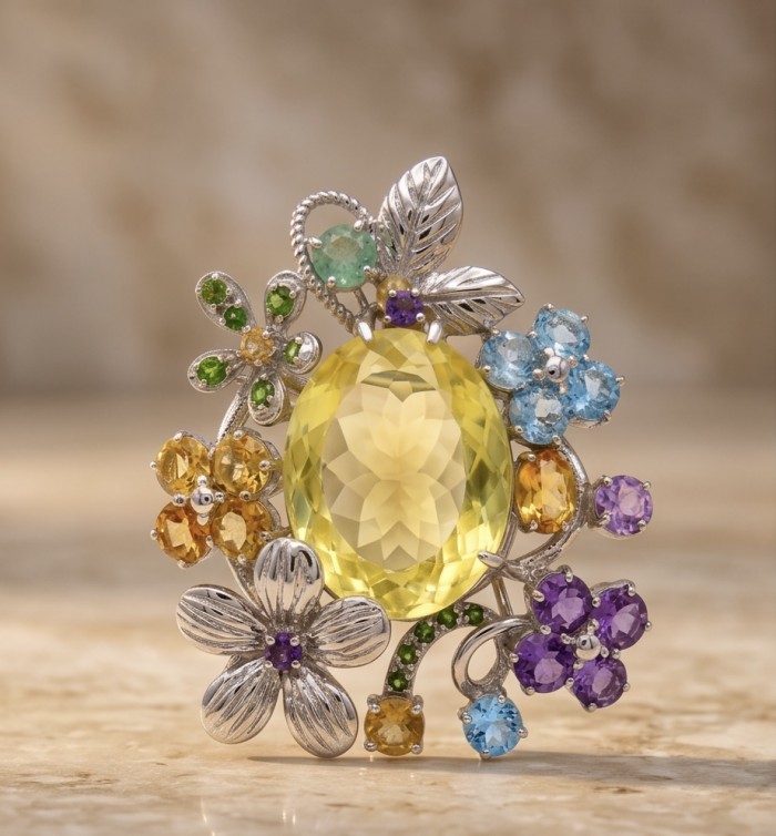 Timeless Beauty genuine 45.2 CARAT Lemon Topaz .925 dipped in Rhodium Sterling Silver handmade Pendant Brooch - Floral gemstone brooch featuring lemon topaz, front view.