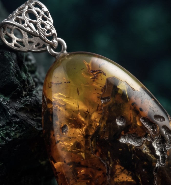 Prehistoric Authentic Golden Baltic Amber .925 Sterling Silver beautifully handcrafted Pendant - Close-up of golden Baltic amber pendant with .925 sterling silver detail.
