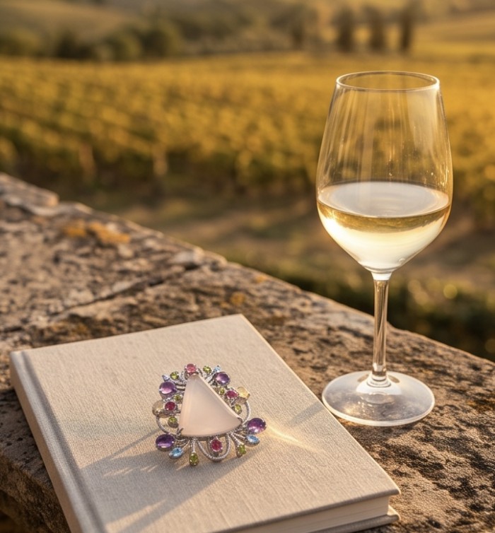 TRILLION CUT genuine 45.5 carat Brazilian Rose Quartz rhodium over .925 Sterling Silver handmade Pendant - Brooch - Jewelry on a book beside a glass of wine, vineyard in background