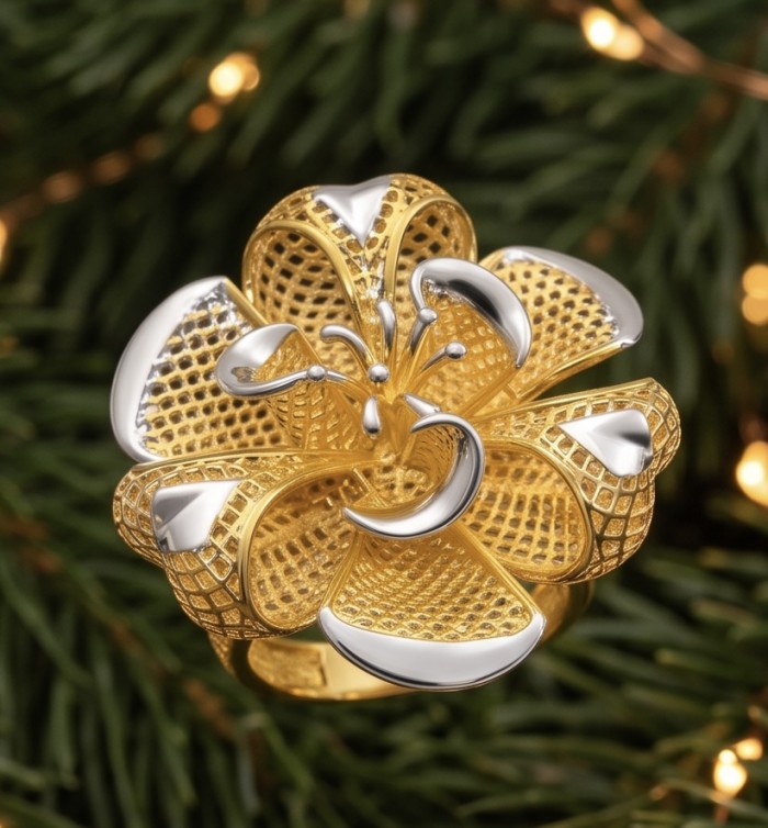 GOLDEN ROSE - Dubai Style - .925 Sterling Silver dipped in 22K Gold handmade Large ring size 8 - Close-up of GOLDEN ROSE ring in gold with silver accents on greenery.