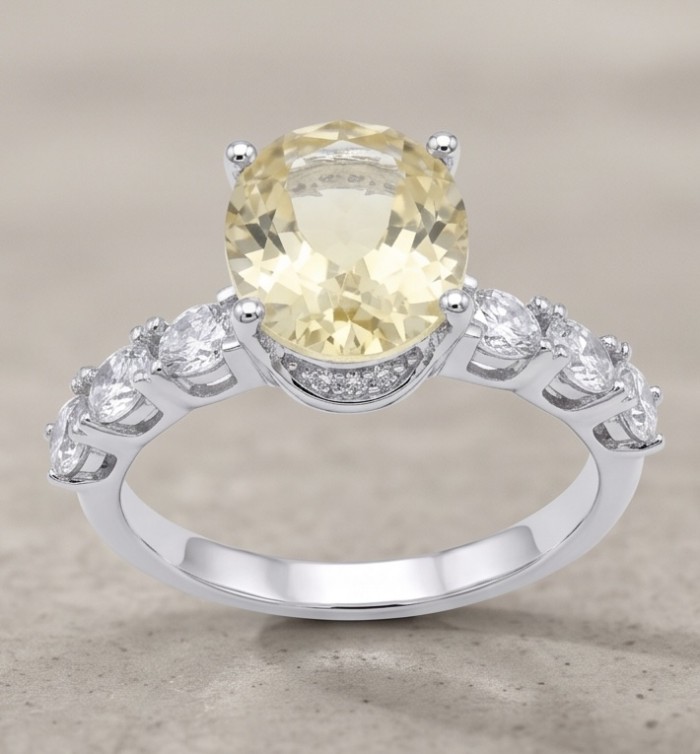 Vivien - Natural 8. 2 carat Citrine .925 Sterling Silver dipped rhodium handcrafted Statement ring; s. 7 - Vivien Citrine Sterling Silver ring, front view showing details.