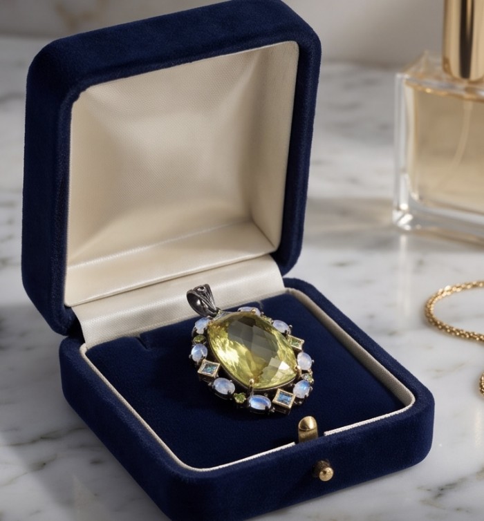 Perfection fancy emerald cut 30.3 carat Lemon Quartz black rhodium over .925 Sterling Silver handcrafted 2 tones pendant - Fancy emerald cut Lemon Quartz pendant in blue velvet box, top view.