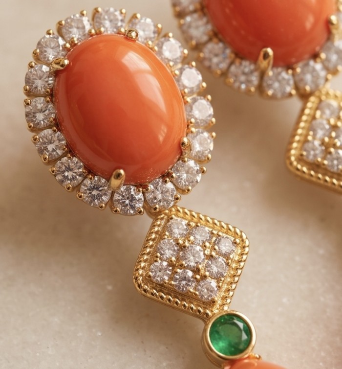 Queen of the Sea Genuine Orange Fossilized Coral 18k Gold over .925 Sterling Silver handmade earrings - Close-up of orange coral and diamond earrings in 18k gold setting.