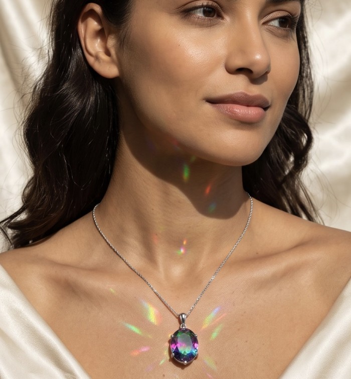 7.2 carat oval cut Brazilian Tourmaline .925 Sterling Silver Perfectly handcrafted pendant - Woman wearing 7.2 carat oval Brazilian Tourmaline necklace, front view