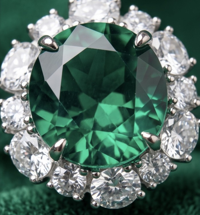 Estelle - Authentic 12.9 carat COLOMBIAN EMERALD .925 Sterling Silver dipped in rhodium handcrafted Ring size 8 - Close-up of Estelle 12.9 carat Colombian emerald with diamonds