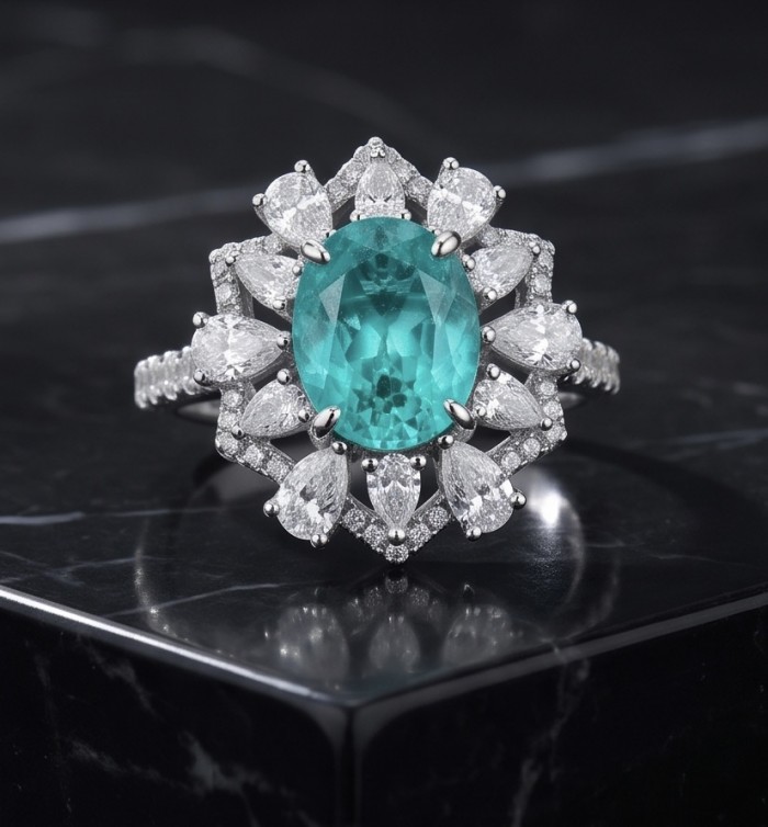Elizabeth 6.4 carat Paraiba Tourmaline .925 Sterling Silver Handcrafted Ring size 5 - Close-up of Elizabeth Paraiba Tourmaline ring on black surface.