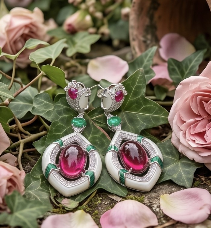 Art Deco - Countless Blessings Genuine 14.5 carat Authentic Ruby enamel rhodium over .925 Sterling Silver handcrafted earrings - Elegant Art Deco earrings with gemstones on a floral background