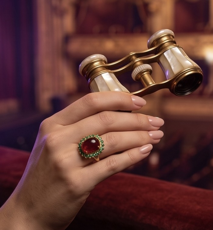 Opera Genuine 24.5 CARAT Mozambique Ruby 22K Gold over .925 Sterling Silver Large Statement Ring size 8 3/4 - Ruby ring on hand holding opera glasses in elegant theater setting