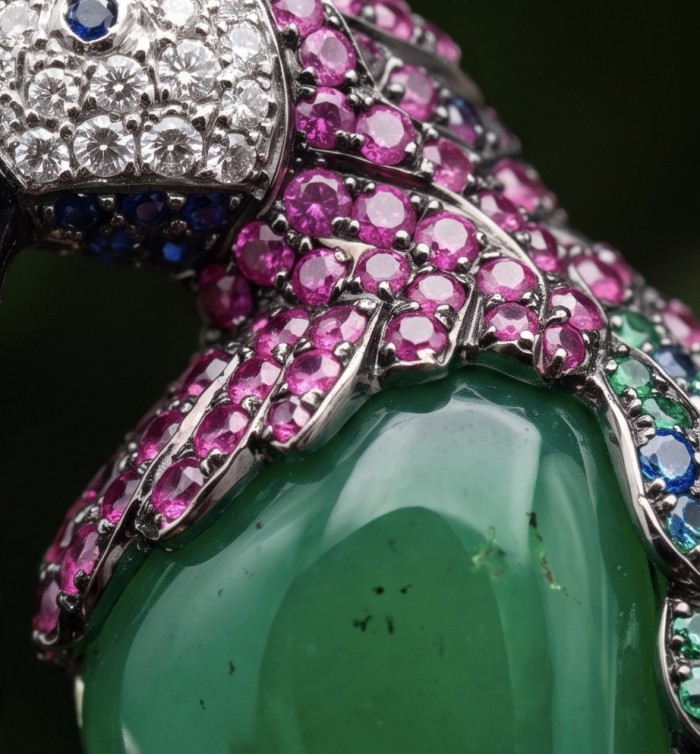 Vibrance & Joy - exotic Parrot - Genuine 22.4 carat Jade from New Zealand .925 Sterling Silver dipped in rhodium handmade Pendant - Brooch - Parrot jewelry close-up with jade, diamonds, rubies, and sapphires.