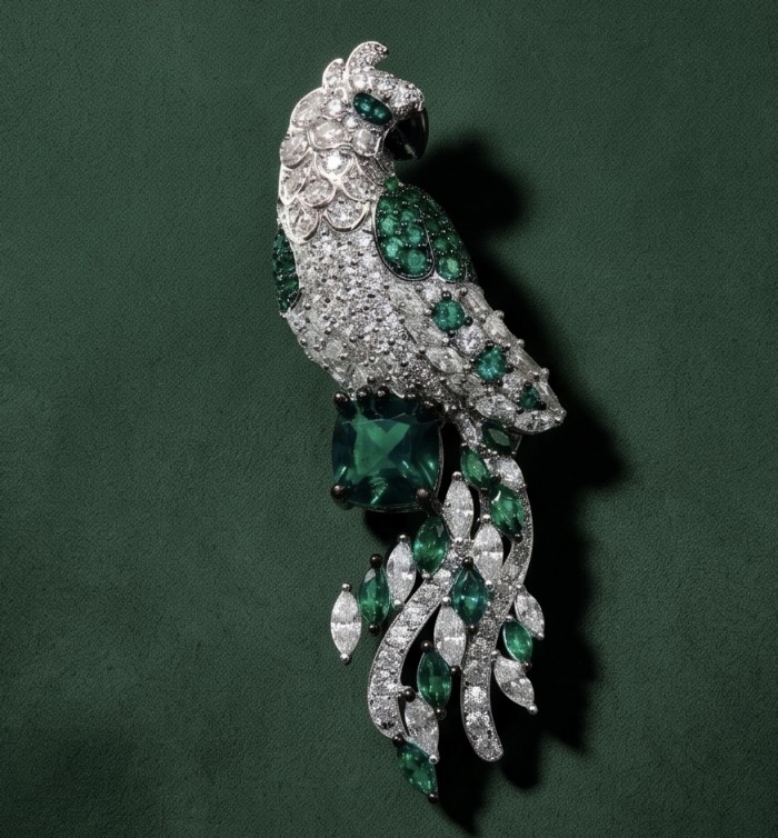 Exotic Parrot - 7.8 carat Emerald 2.9 carat pave Moissanite rhodium over .925 Sterling Silver rhodium over handcrafted Brooch - Side view of Exotic Parrot brooch with emerald and moissanite stones.