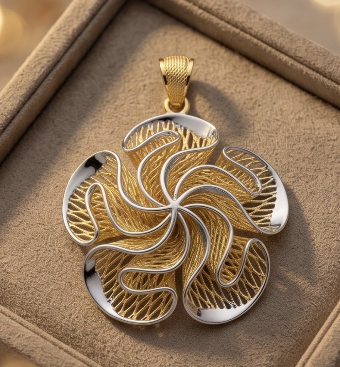 Dubai Style - Blooming Golden Rose .925 Sterling Silver dipped in 22K Gold handmade Pendant - Golden rose pendant, top view, sterling silver and gold detail.