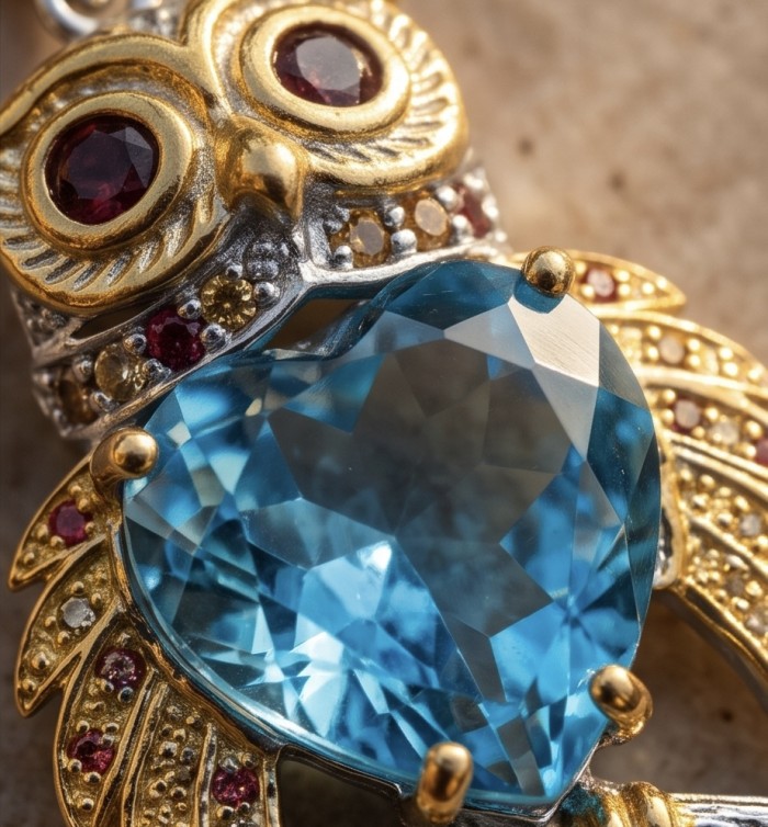Authentic 17.4 carat Swiss Blue Topaz Owl 18K Gold over .925 Sterling Silver handmade Pendant - Stone close-up of Swiss Blue Topaz Owl in 18K Gold.
