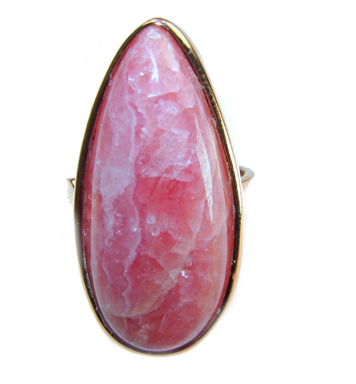 Strawberry Fields - 18.8 CARAT Argentinian Rhodochrosite 18K Gold over .925 Sterling Silver handmade ring size 7 - Stone close-up of Strawberry Fields Argentinian Rhodochrosite ring.