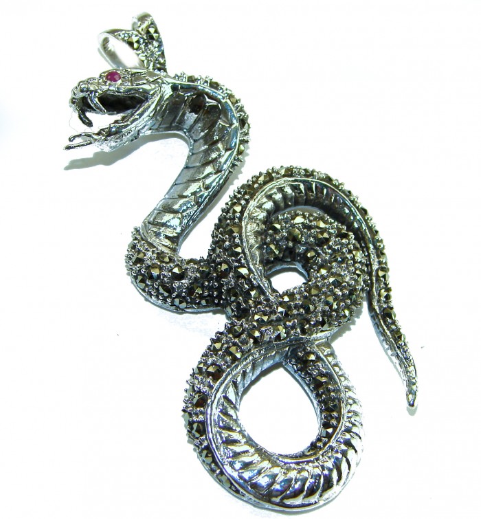 Large 2 5/8 inches long Cobra Snake genuine Marcasite .925 Sterling Silver handmade Pendant - Cobra snake pendant with marcasite detail, angled view