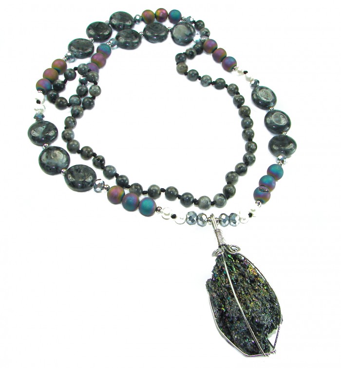 Bohemian Style Huge Genuine 34 inches Titanum Druzy .925 Sterling Silver handmade necklace - Bohemian style necklace with druzy pendant, top view.