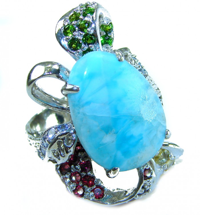 Blue Beauty AAAA QUALITY Blue Larimar .925 Sterling Silver handmade Large ring size 8 - Close-up of Blue Larimar ring with colorful gemstone accents.