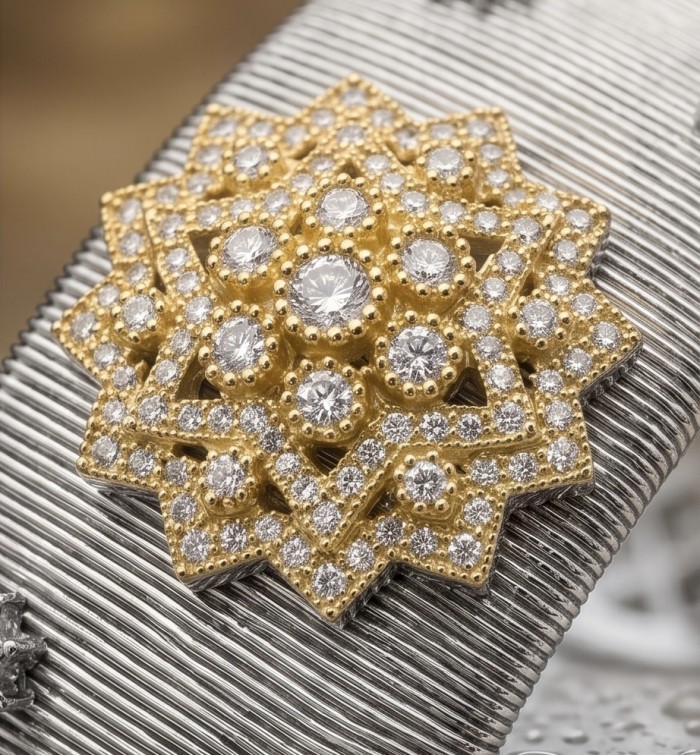 Dolce Vita - Precious Natural 9.5 carat White Topaz 2 tones .925 Sterling Silver handcrafted bracelet - Close-up of two-tone jewelry with white topaz stones.