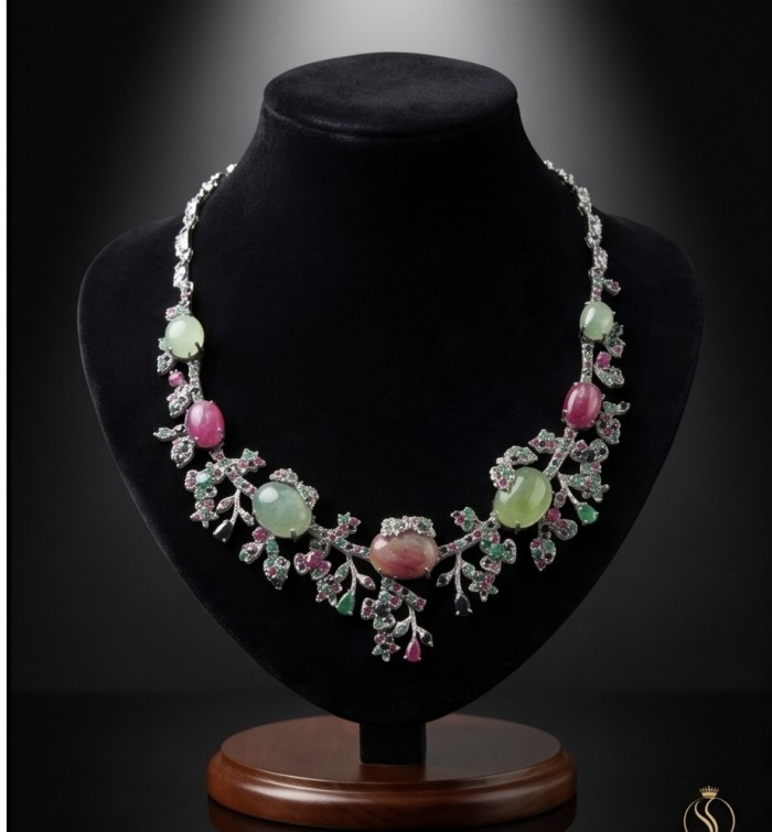 Giovanna 188.2 carat Mozambique Ruby Golden Sapphire .925 Sterling Silver dipped in rhodium Statement Necklace - Elegant necklace on display stand, front view showcasing gemstones.